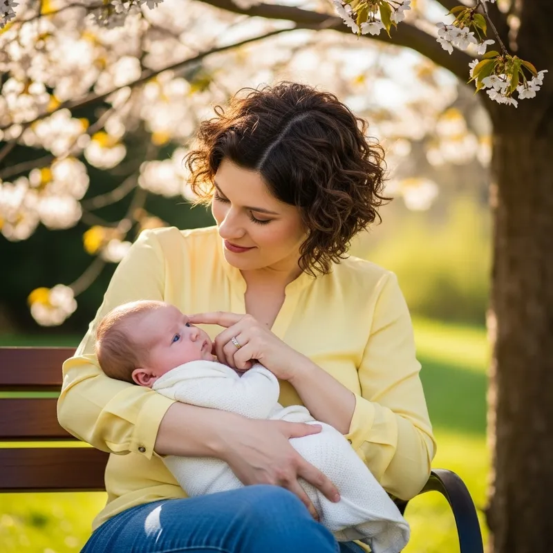 Mother's Tender Moment with Newborn Baby under Cherry Tree