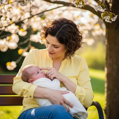 Tender Moment: Mother Cradling Newborn Baby Under Cherry Tree