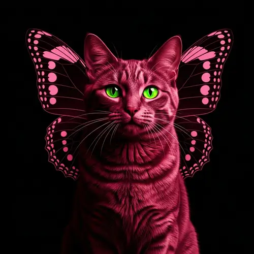 Cherry Red Cat with Neon Green Eyes and Butterfly Wings