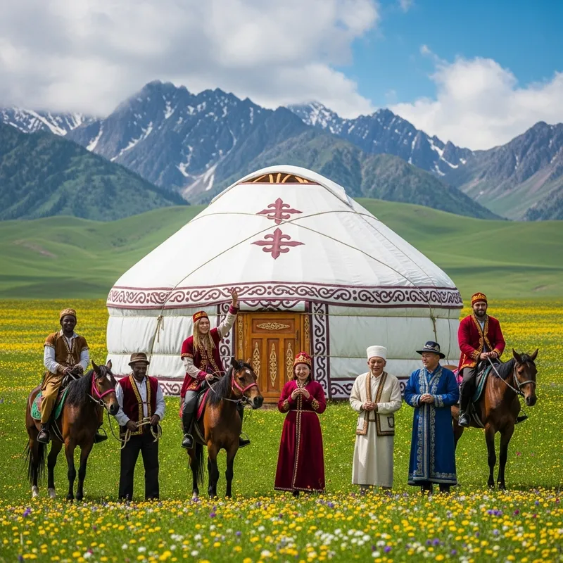 Kazakh White Yurt in Meadow of Flowers - Spring Celebration with Multicultural Horse Riders