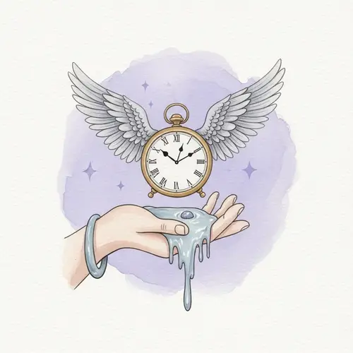 Dreamy Watercolor Painting of Hand Cradling Winged Clock