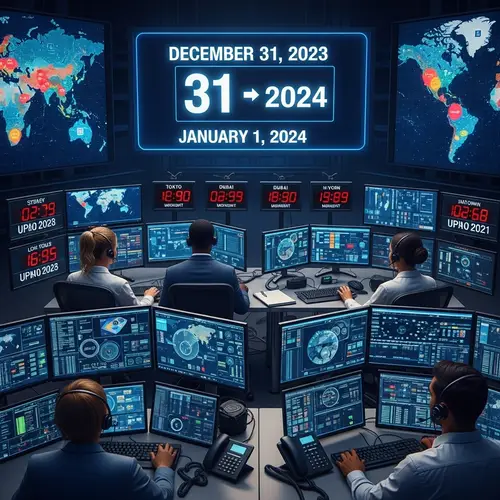 Global New Year 2024 Celebrations: Multicultural Team at Command Center