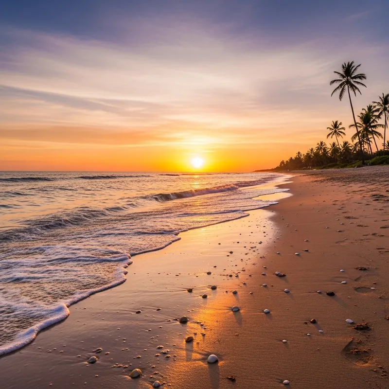Tranquil Beach Sunset | Idyllic Setting with Expansive Shoreline