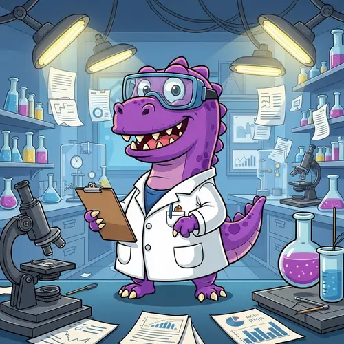 Purple Dinosaur Researcher in Lab | Scientific Cartoon Character
