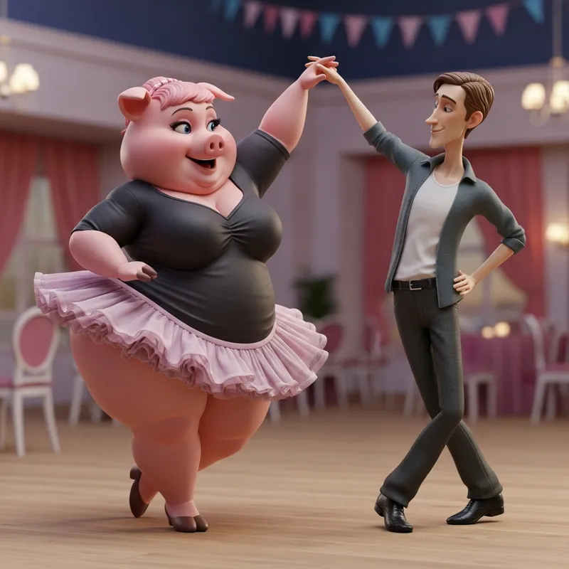 Obese Pig Dances with Slim Man in a Cheerful Dance Scene