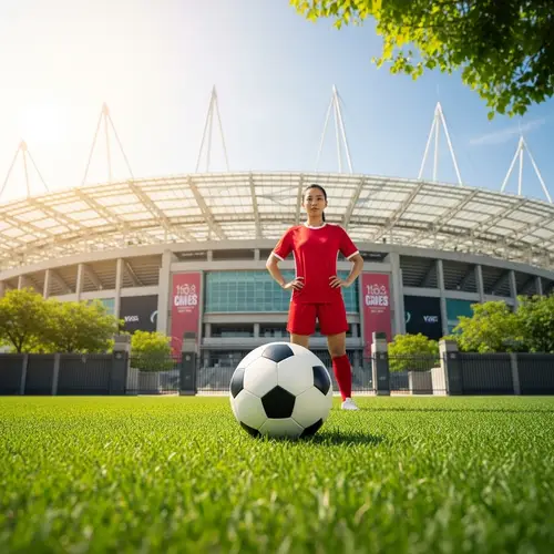 Grand Football Stadium - Asian Female Soccer Player and Ball on Green Grass