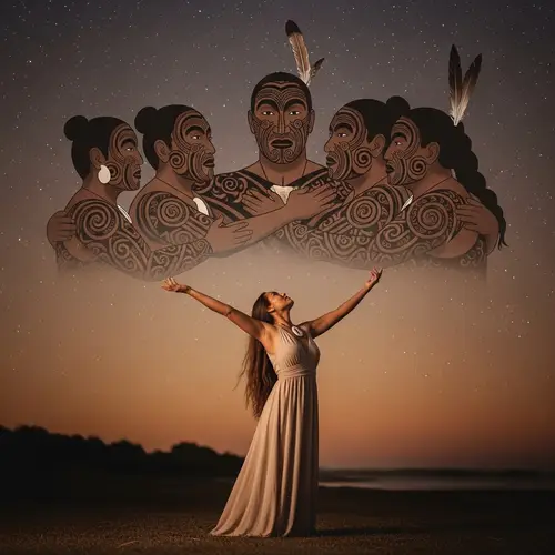 Enchanting Maori Woman Embraces Cosmos Beneath Starlit Sky