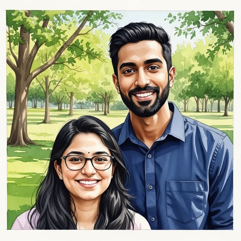 Watercolor Painting of Young South Asian Couple in Sunlit Park