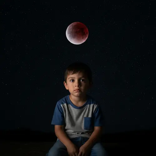 Young Hispanic Boy Gazing at Radiant Blood Moon in Star-Studded Sky