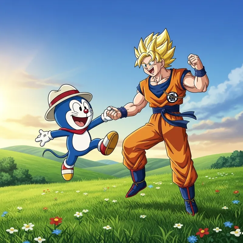 Dancing Smurf with Goku - Playful and Energetic Cartoon Scene