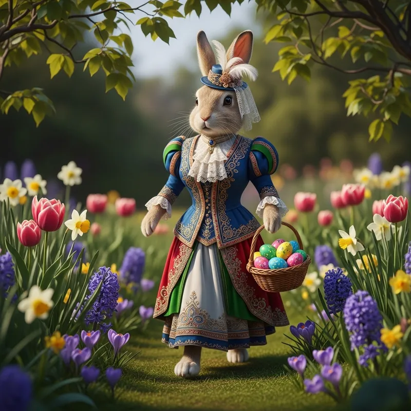 Easter Rabbit in Elegant Zuhair Murad Dress with Easter Eggs