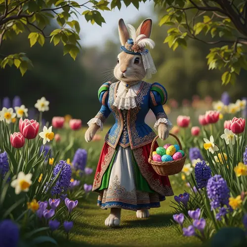 Easter Rabbit in Zuhair Murad Dress with Easter Eggs in Sunny Garden
