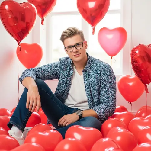 Stylish Young Man with Heart Balloons | Pop-Style Portrait