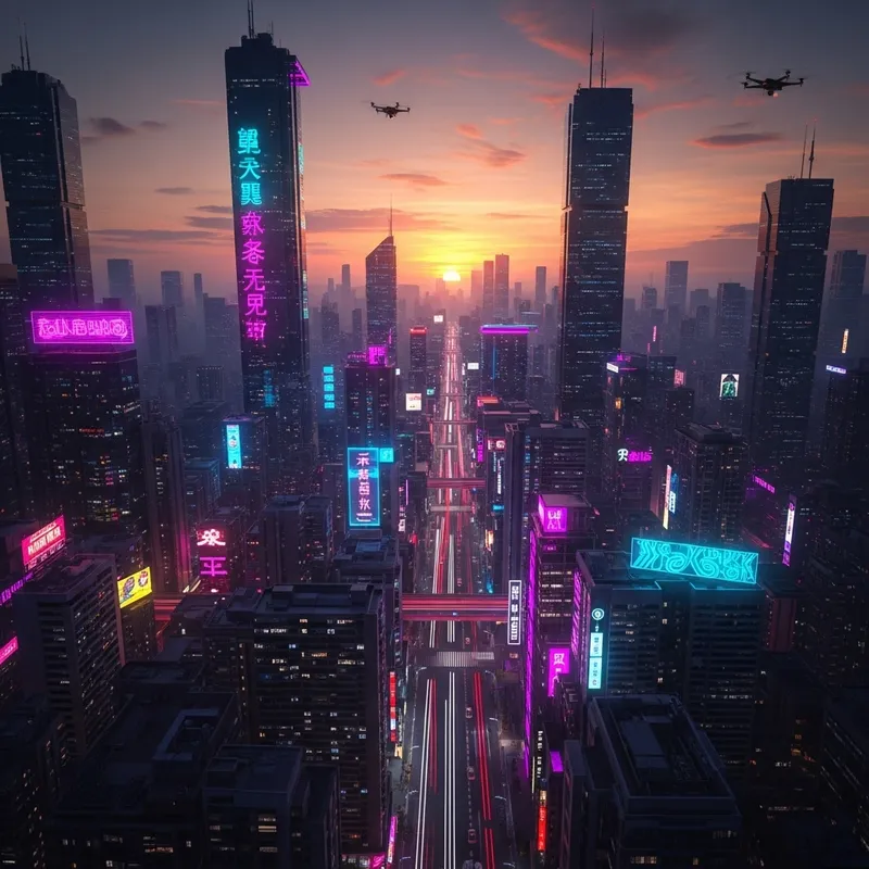 Vibrant Neon Cyberpunk Cityscape at Sunset