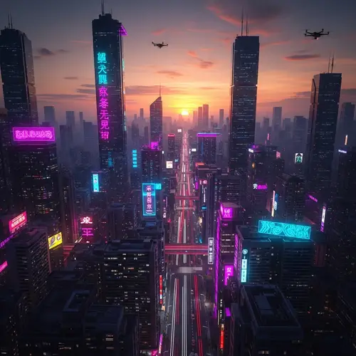 Neon Cyberpunk Cityscape at Sunset | Futuristic Urban Scene
