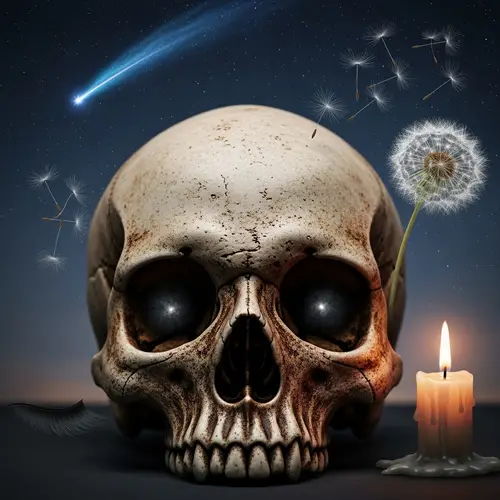 Intriguing Antique Skull Image with Symbolic Items - Hope and Death