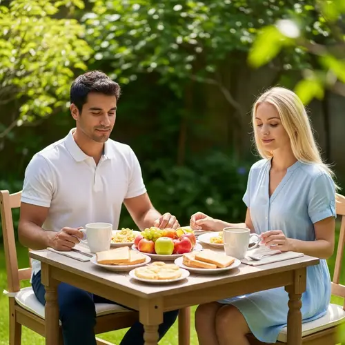 Serene Couple Enjoying Breakfast in Garden with Fruits and Coffee