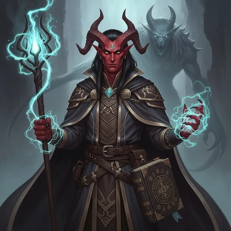 Male Tiefling Warlock | Red Skin, Magical Robes & Staff