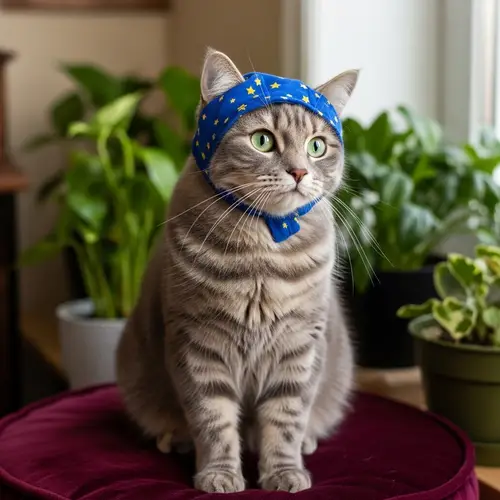Adorable Cat with Emerald Eyes in Blue Head Cap