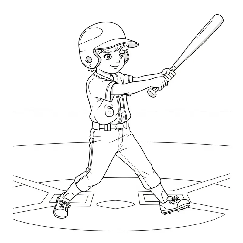 Young Caucasian Boy Playing Baseball in #6 Coloring Book Illustration