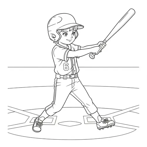 Young Boy in Baseball Action with #6 Coloring Book Theme