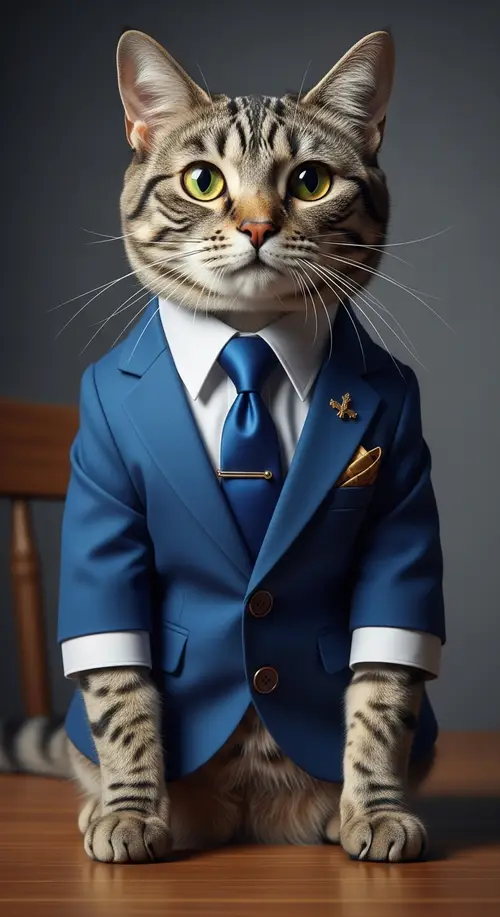 Elegant Blue Suit Cat with Gold Accents