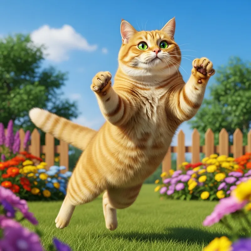 Yellow Cat Jumping in Garden | Playful Cat Art