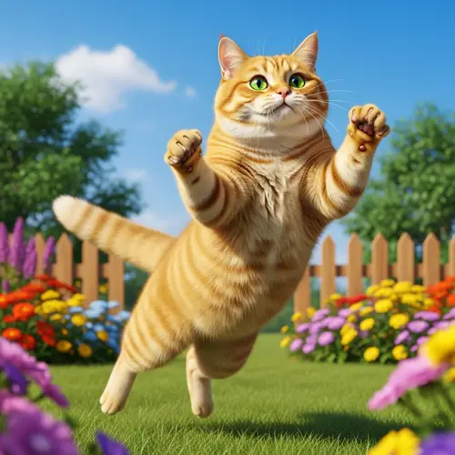 Golden Cat Jumping in Vibrant Garden | Fun Cat Art