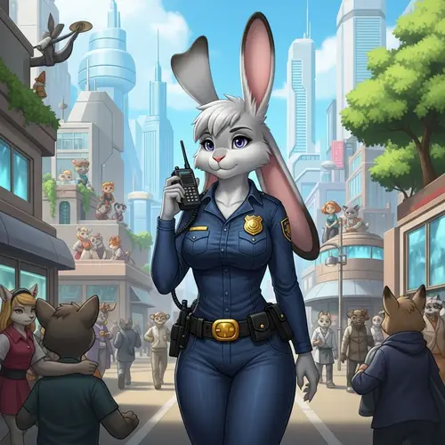 Anthropomorphic Rabbit Officer in Zootopia City Walking