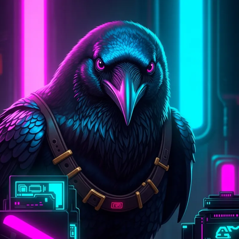 Cyberpunk Skilled Raven in Neon Lighting: Futuristic Technology Art