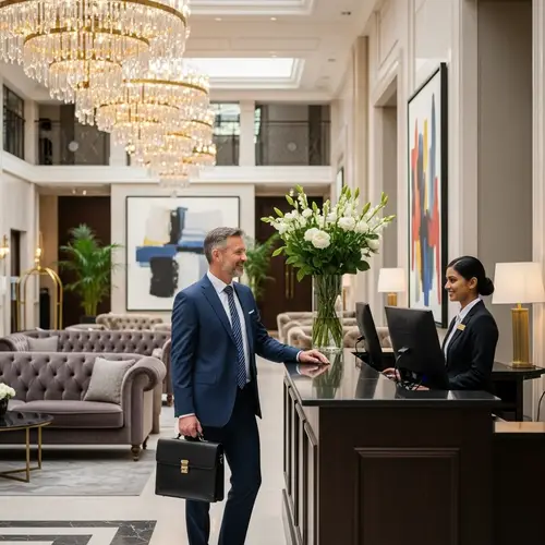 Luxury Hotel Sales Manager Welcoming Guests in Lobby