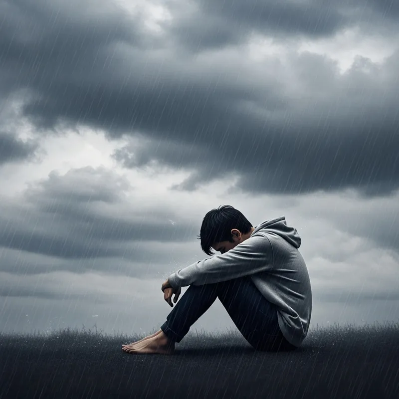 Lonely Figure in Rain: Lost in Melancholic Thoughts