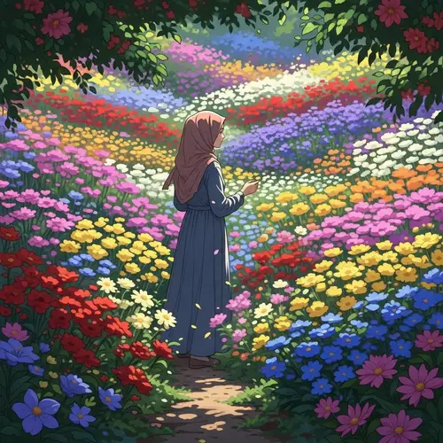 Girl with Hijab Surrounded by Flowers - Peaceful Scene