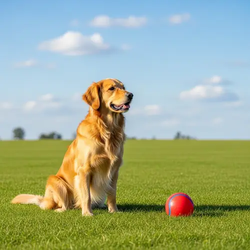 Golden Retriever Dog Sitting on Grass Field with Ball