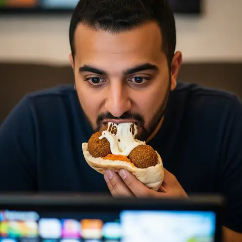 Middle Eastern Man Enjoying Cheese-Stuffed Falafel | Vibrant Screen Imagery