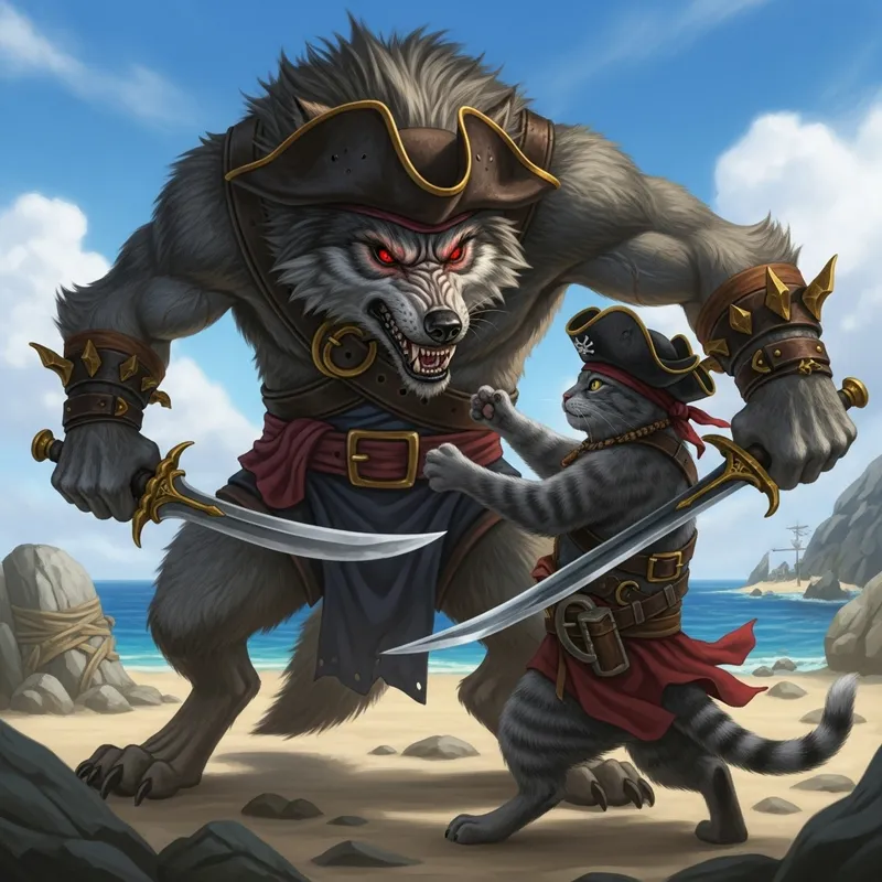 Fierce Pirate Showdown: Wolf vs Cat in Hyper-Realistic Combat