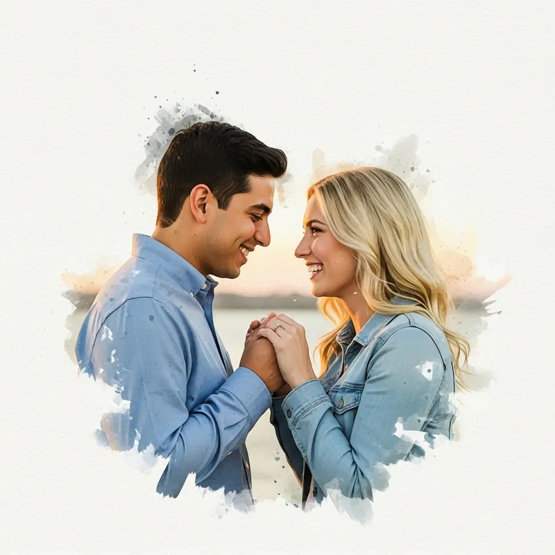 Delicate Watercolor Art of Joyous Multicultural Couple Embracing