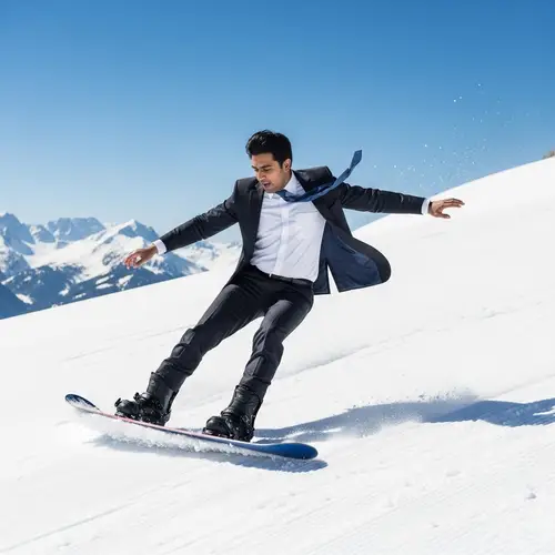 South Asian Banker Losing Control Snowboarding on Mountain Slope