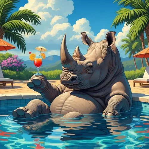 Majestic Rhino Lounging in Sparkling Pool with Tropical Cocktail