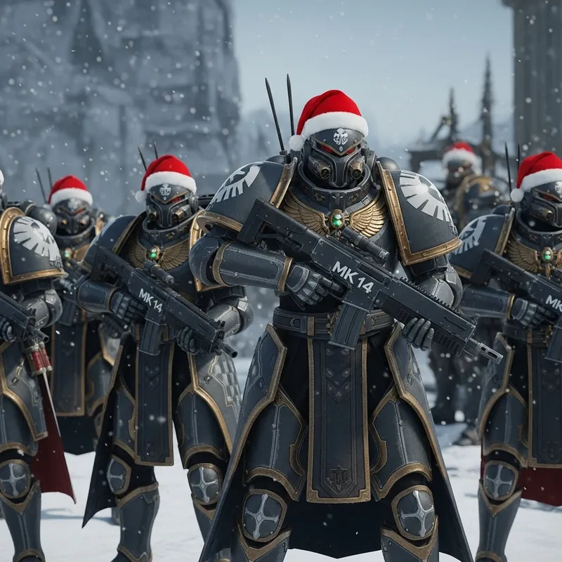 Metro Royale Characters in Sixth Armor with MK14 and Christmas Hats