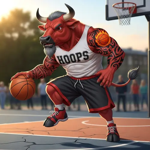 Muscular Red Bull Playing Basketball with Tattoos