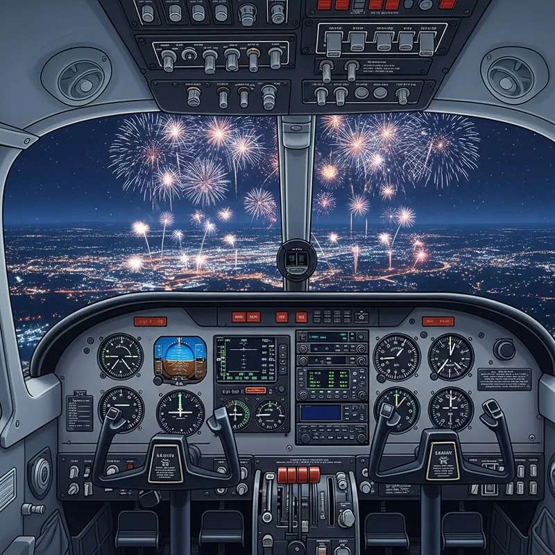 Cessna Cockpit View With New Year's Eve Celebration
