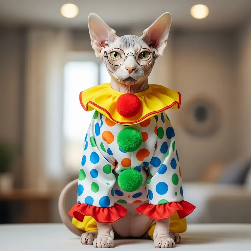 Bald Cat in Clown Suit and Glasses - Fun & Adorable