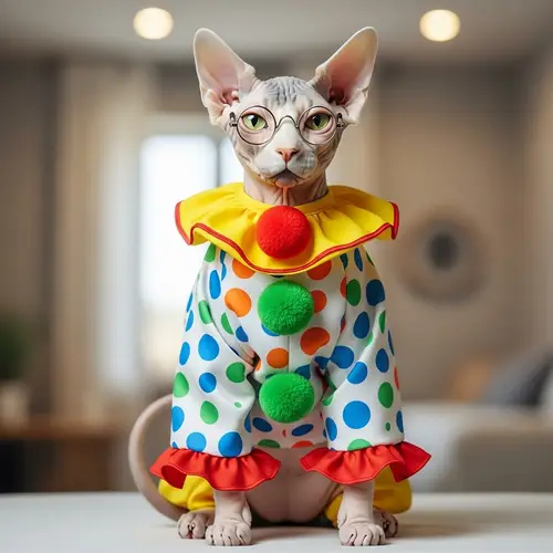 Bald Cat in Clown Suit and Glasses - Fun & Adorable
