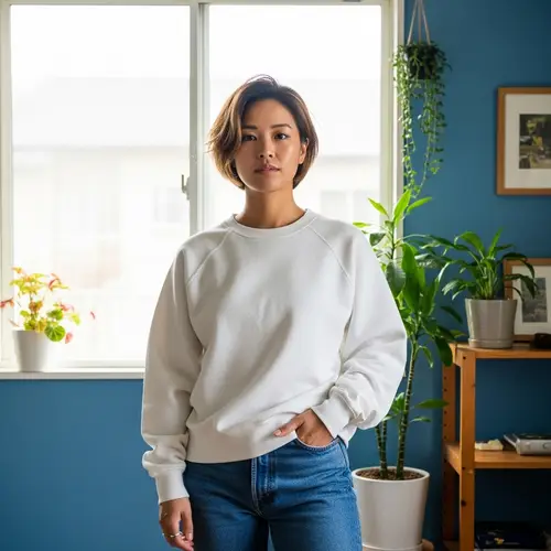 Stylish Asian Woman in White Sweatshirt and Jeans | Natural Daylight Shot