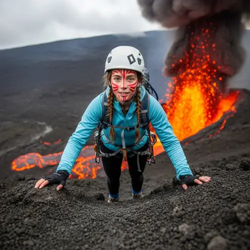 Brave Girl Climbing into Erupting Volcano