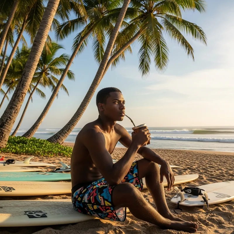 Surfer Enjoying Yerba Mate Drink on Beach