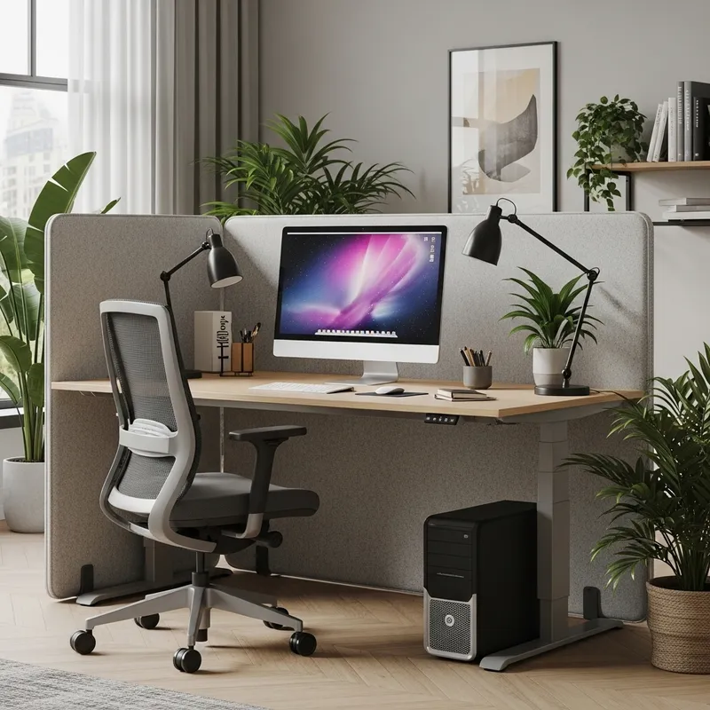 Modern Office Workstation with Felt Acoustic Screen and Tropical Plants