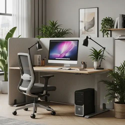 Modern Office Workstation with Acoustic Screen and Tropical Plants