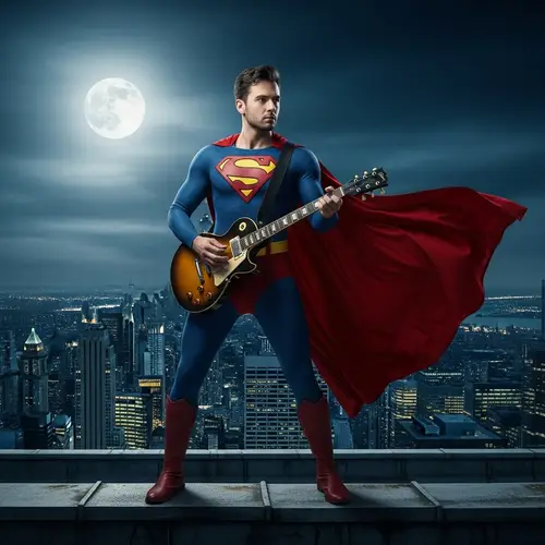Superhero Musician Playing Guitar at Midnight